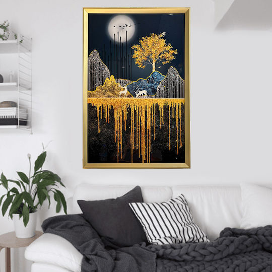 Tablou Pânză cu Ramă Aurie Design Cerb în Natură cu Pietre Reliefate Tip Diamant 60.5x41x2.5cm