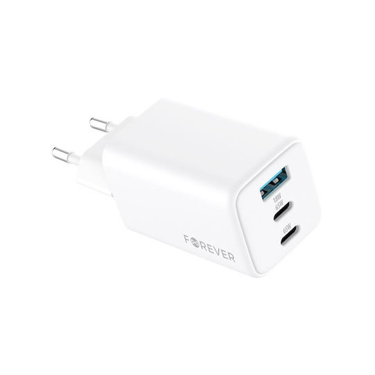 Forever Charger Without Cable GaN with USB-A Port and 2 USB-C Ports 65W Power Delivery Whites (TC-08-65ACC)