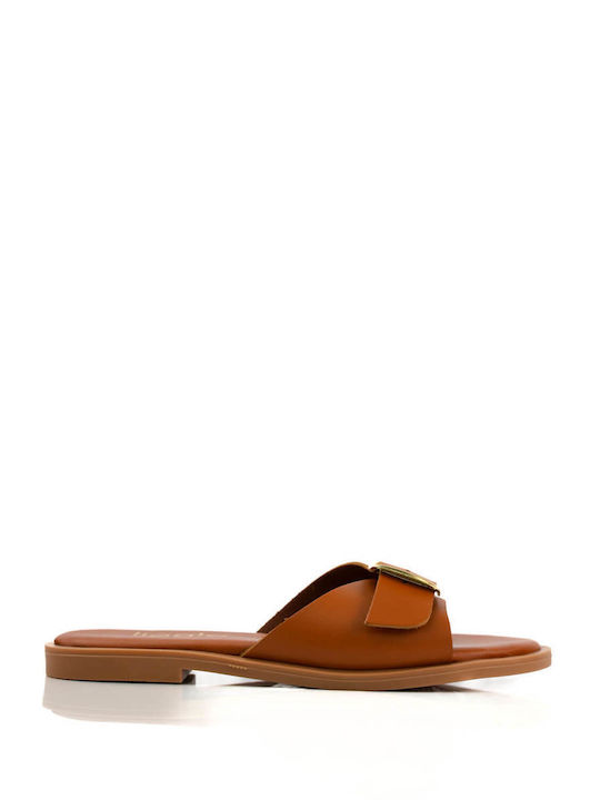 Tan Leather Sandals with Metallic Buckle