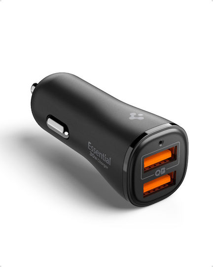 Spigen Ev302 Essential 30w Car Charger Car Charger 30W 3A with Ports: 2xUSB Black Color