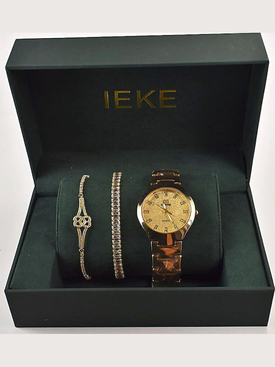 Ieke-6128 Set Womens Battery Watch With Gold Metal Bracelet