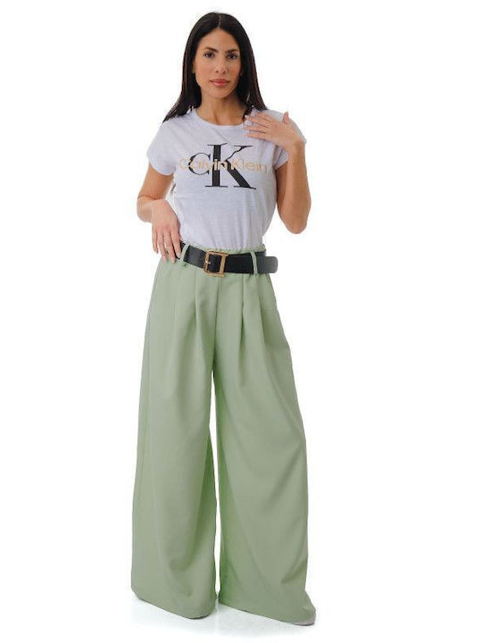 Pantaloni cu crac larg de culoare fistic cu cur...