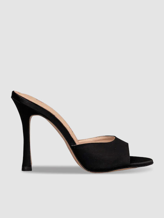 Satin Mules with Thin High Heel in Black Color