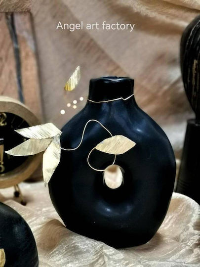 Vază ceramică de lux cu frunze metalice negre