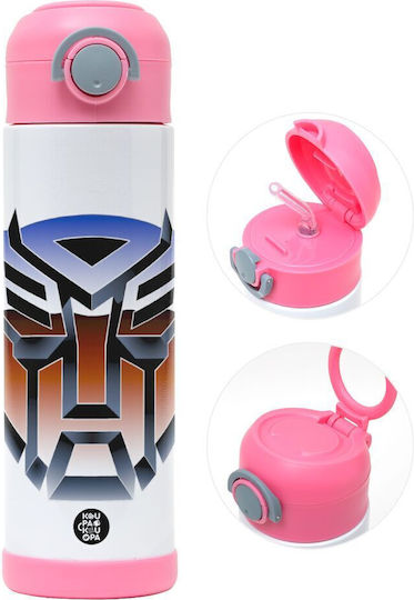 Koupakoupa Transformers Sticlă Pentru Copii Transformers Oțel Inoxidabil Cu Pai Roz 500ml