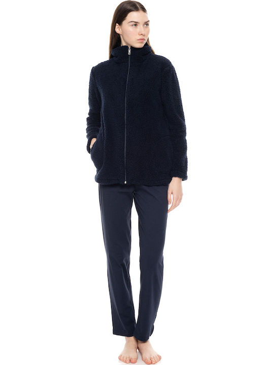Pink Label Χειμερινή Γυναικεία Fleece Ρόμπα Yacht Blue
