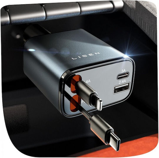 Lisen Încărcător Auto 69W cu Porturi: 1xUSB 1xType-C împreună cu Cablu Integrat / Lightning Gri Culoare