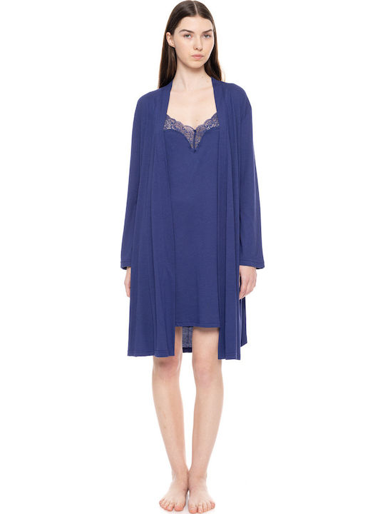 Pink Label Winter Damen Robe mit Nachthemd Blau