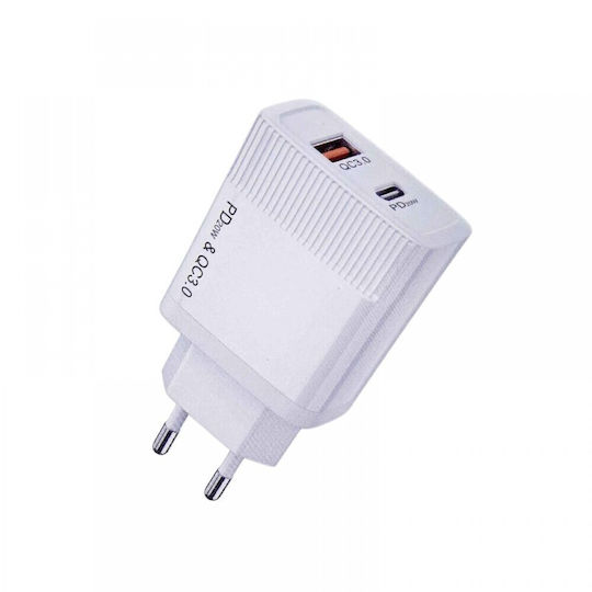 Φορτιστής Χωρίς Καλώδιο με Θύρα USB-A και Θύρα USB-C 20W Power Delivery / Quick Charge 3.0 Λευκός (CX147)