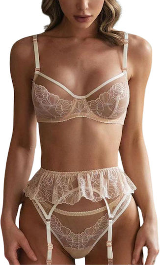 Chicret Sexy Σετ Εσωρούχων με Δαντέλα & Ζαρτιέρες Ροζ 3τμχ