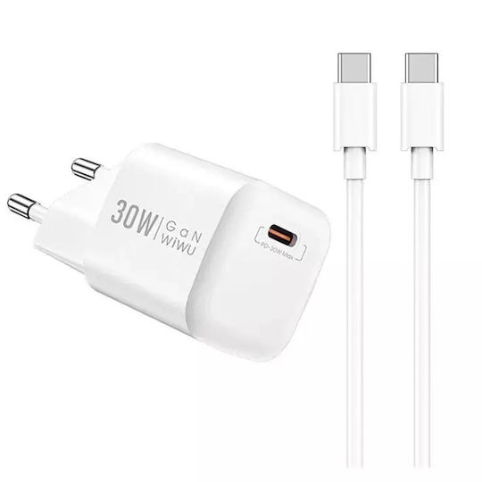 Wiwu Φορτιστής GaN με Θύρα USB-C και Καλώδιο USB-C - USB-C 30W Λευκός (U008)