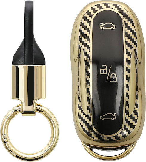 Tesla Car Key Cover Silicone Keychain Model S Y 3 Metallic Carbon Fiber Gold Black Kwm000025gr001c