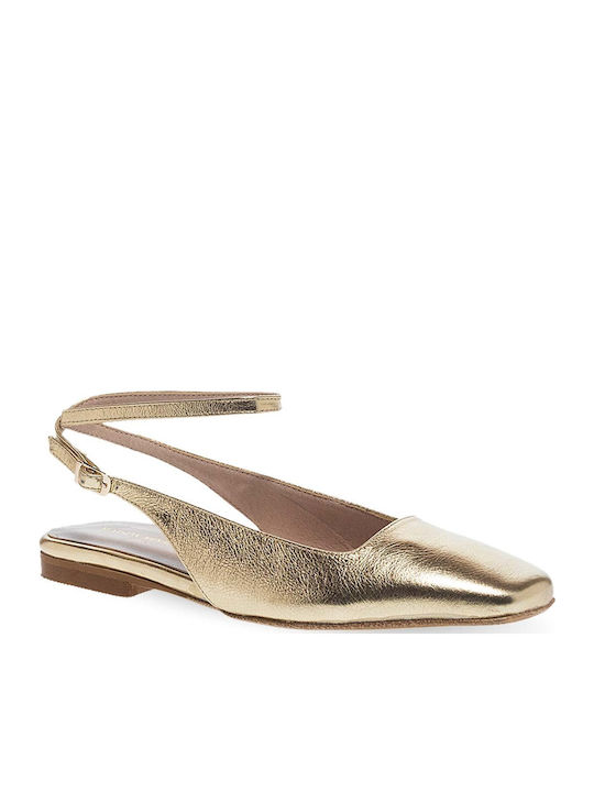 Δερμάτινες Γυναικείες Μπαλαρίνες Slingback με Λουράκι σε Χρυσό Χρώμα