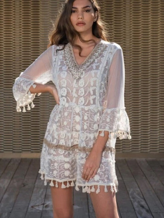Short Cotton Sheer Beach Dress White