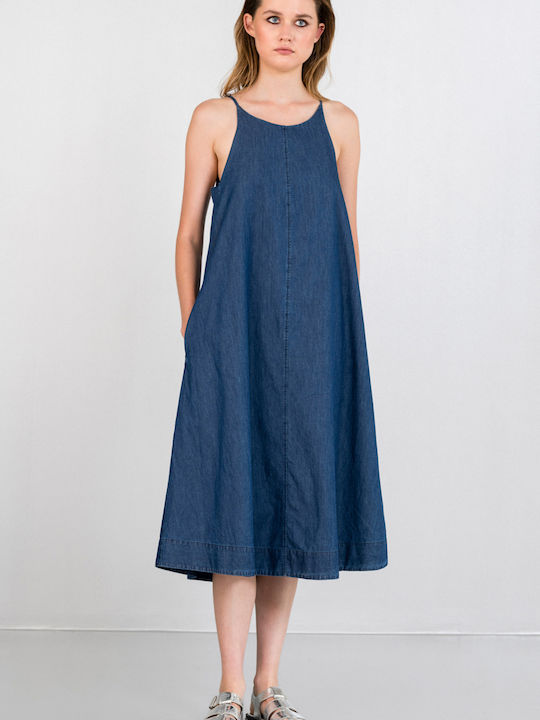 Καλοκαιρινό Midi Κομπινεζόν Φόρεμα Τζιν Light Denim