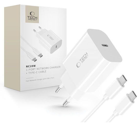 Tech-Protect Φορτιστής με Θύρα USB-C και Καλώδιο USB-C - USB-C 20W Power Delivery Λευκός (NC20W)