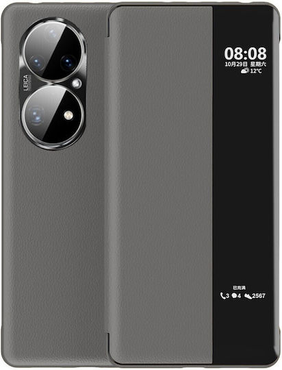 Half Mirror View Задна корица Изкуствена кожа Магнитен Сив (Huawei P50 Pro)