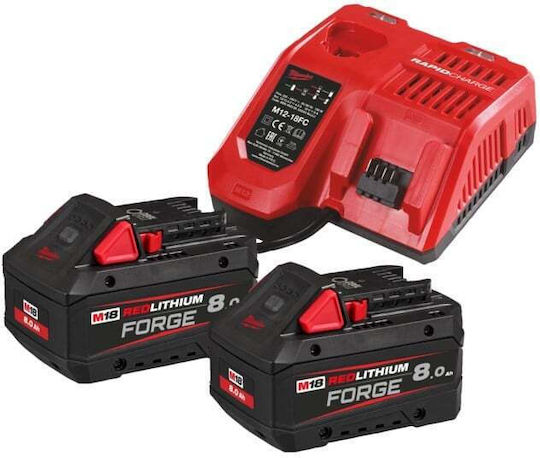 Milwaukee Set 2 Werkzeugbatterien Kapazität 8Ah mit Ladegerät M18 Forgenrg802