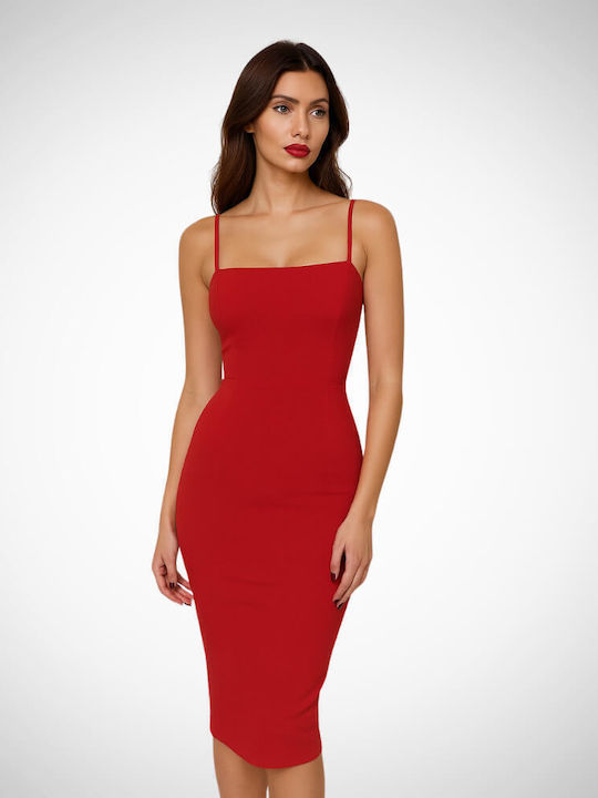 open lace back dress Coral Red Bustier Spaghetti Strap Midi Dress