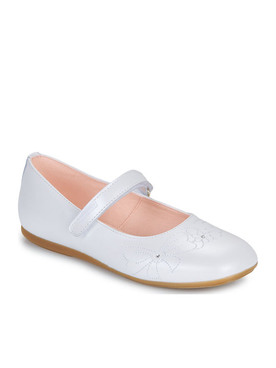 Kids Leather Ballerinas with Hoop & Loop Closure White