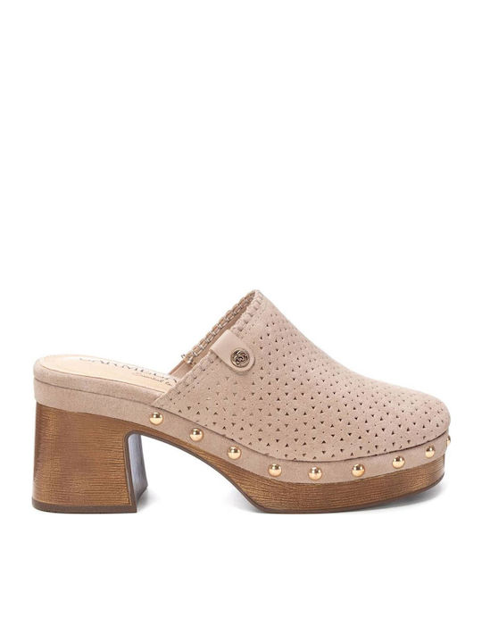 Suede Mules με Χοντρό Ψηλό Τακούνι σε Μπεζ Χρώμα