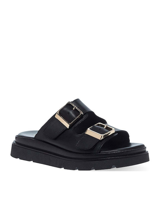 Leather Women's Flat Sandals in Black Color