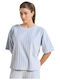 Women's Cotton Short Sleeve Striped Light Blue Blouse