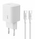 Powertech Charger GaN with USB-C Port and Cable USB-C - USB-C 36W Quick Charge 3.0 Whites (PT-1350)
