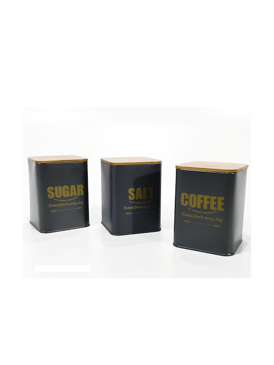 ArteLibre Set 3Stücke Lebensmittelgläser für Zucker Kaffee mit Deckel & Hölzernes Gestell Grau 10x10x13cm