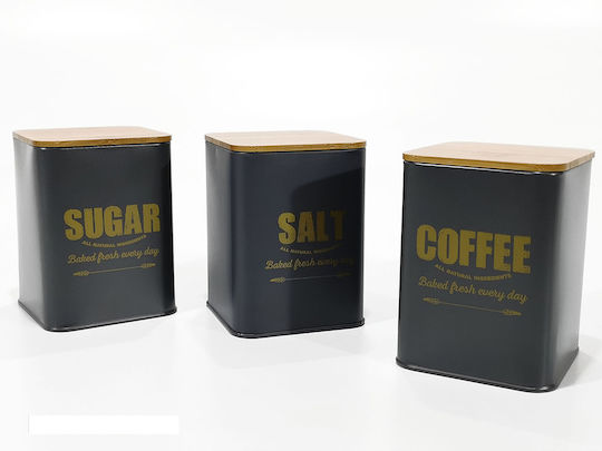 ArteLibre Set of 3 Sugar Coffee Jars with Lid and Wooden Stand Grey 10x10x13cm