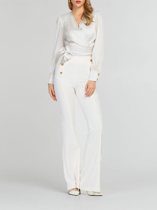Women's Fabric Trousers Flared with Elastic Loose Fit Ecru