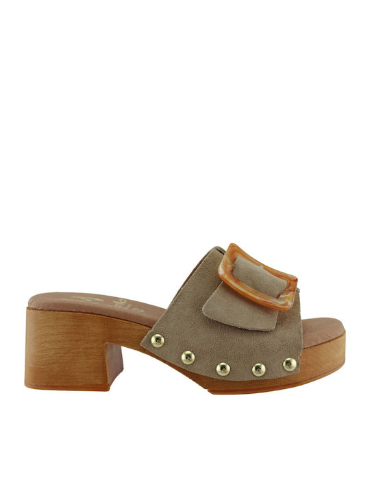 Suede Women's Mules with Low Heel in Beige Color