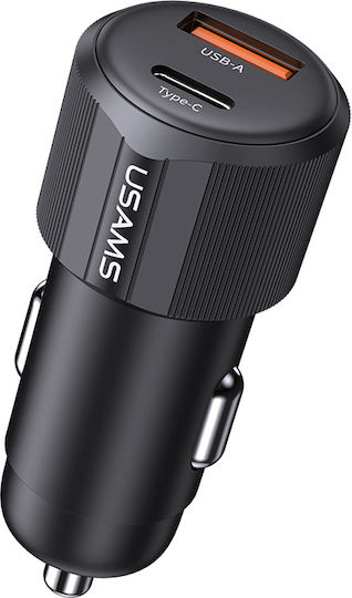 Usams Auto-Ladegerät 60W Schnellladung mit Anschlüssen: 1xUSB 1xType-C Schwarz Farbe