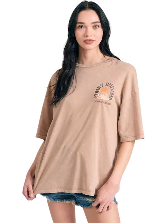Funky Buddha Γυναικείο Oversized T-shirt Ριγέ Καφέ