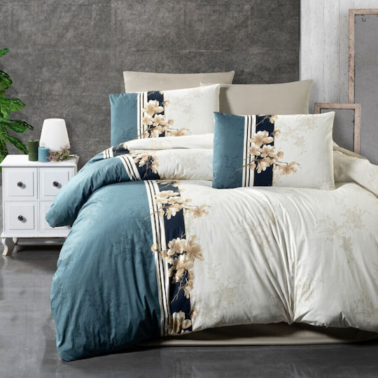 First Choice Set Huse Pentru Pilote 100% Bumbac Dublu Cu 4 Fețe De Pernă & 1 Cearceaf 200x220cm Bej, Albastru Teal