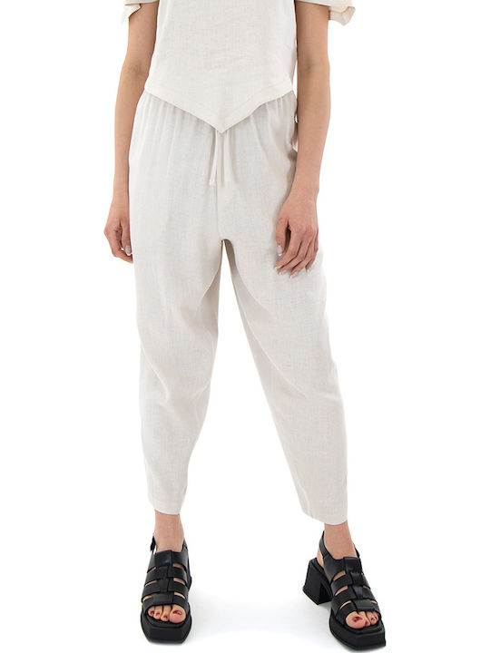 Damen Hoch tailliert Leinen Hose Beige