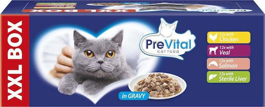 PreVital Nassfutter für Katzen in Beutel mit Huhn, Kalb, Lachs und Leber 48x100gr