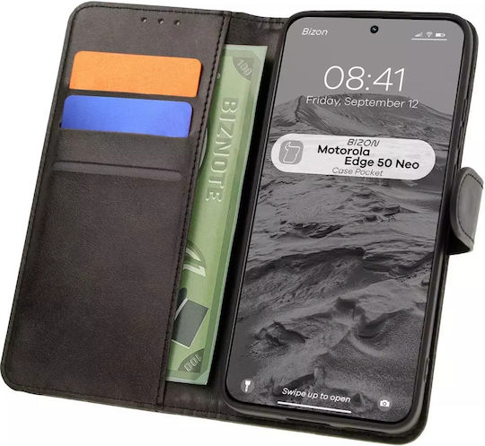 Bizon Case Pocket Wallet Piele artificială / Silicon / Tempered Glass Negru (Motorola Edge 50 Neo)