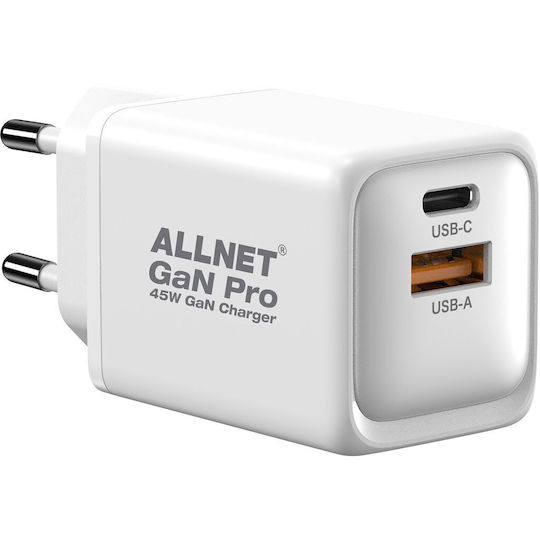 Allnet Încărcător Fără Cablu GaN cu Port USB-A și Port USB-C 45W Livrarea energiei Albς