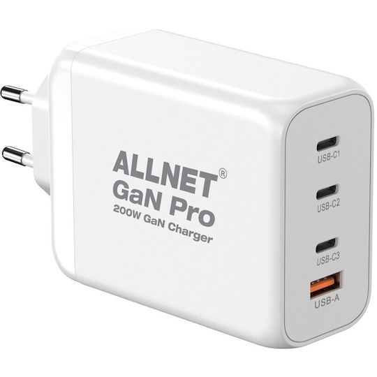 Allnet Allnet GaN Handyladegerät ohne Kabel mit USB-A Ausgangsanschluss und 3 USB-C Ausgangsanschlüsse 200W Stromlieferung Weiß
