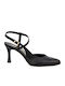 Leather Pointed Toe Black Heels with Strap