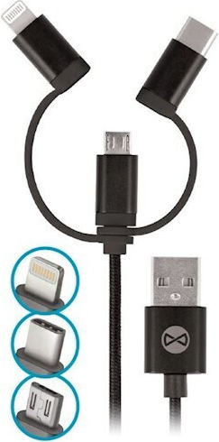 Forever Flat Cablu USB la micro USB / Lightning / Type-C cu mai multe porturi 1.5A Negru 1m (T_01626)