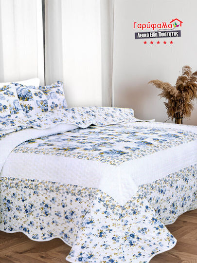 Set Coverlet Queen Size from Cotton & Polyester Blue Roses 220x240cm