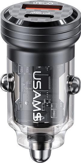 Usams US-CC175 Auto-Ladegerät 45W Schnellladung mit Anschlüssen: 1xUSB 1xType-C Schwarz Farbe