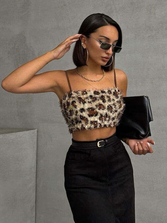 Sinell Damen Pailletten Leopard Braunes Crop Top Sinell Damen Pailletten Leopard Braunes Crop Top