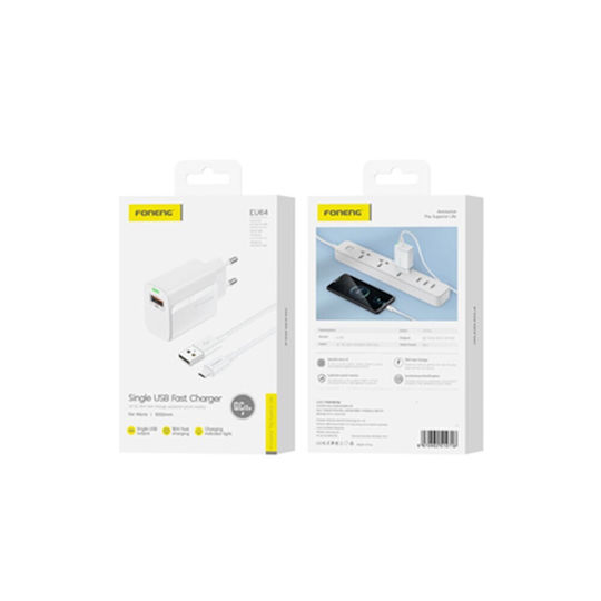 Foneng Încărcător cu Port USB-A și Cablu micro USB 18W Quick Charge 2.0 Albς (EU64)