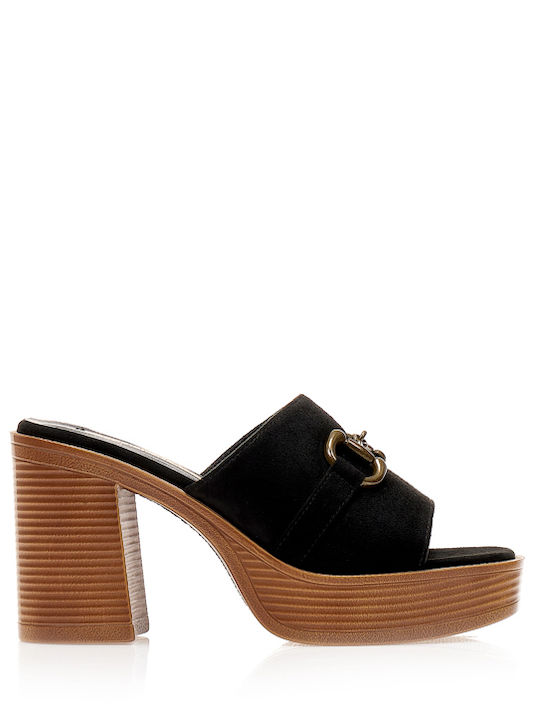 Suede Mules with Chunky High Heel in Black Color