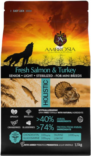 Ambrosia Sterilized Fresh 1.5kg Trockenfutter ohne Getreide für erwachsene Hunde kleiner Rassen mit Lachs und Türkei