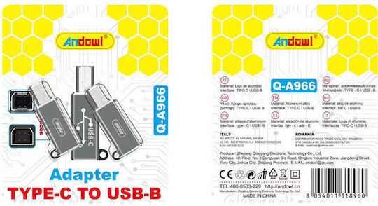 Andowl Q-A966 Μετατροπέας USB-B male σε USB-C female Ασημί 1τμχ