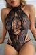 Sexy Intimate Erotic Lingerie Bodysuit Made of Elastic Lace Adjustable to Body Semi-transparent with Thong Corset Detail